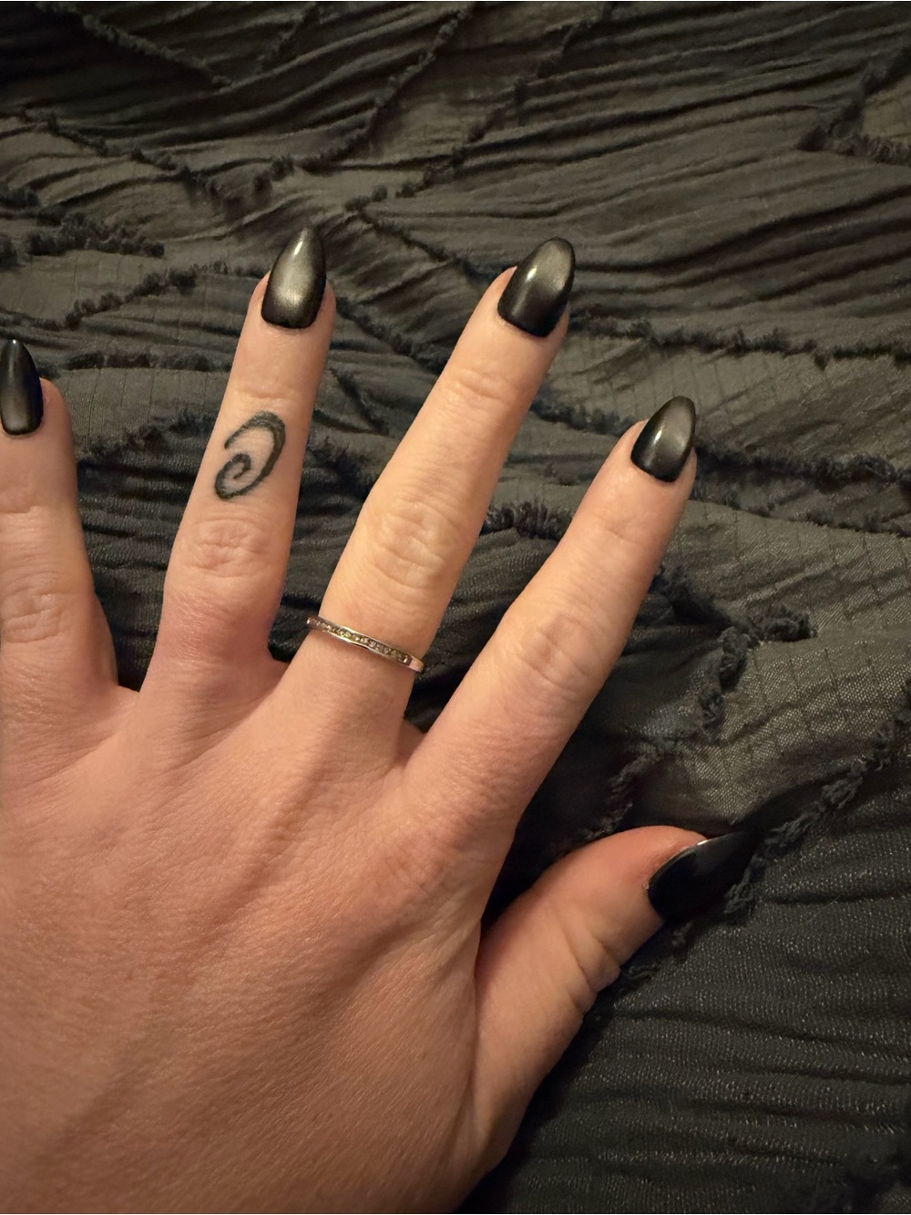 Delicate Silver Stackable Band Ring - Black Accent